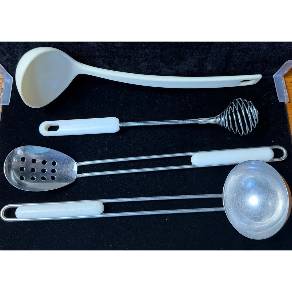 Vintage Kitchen‎ Utensil Set Melamine Ladle Whisk Slotted Spoon Stainless Steel